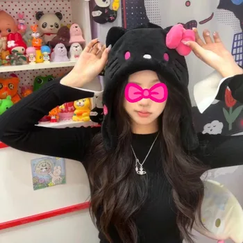 Sanrio Hello Kitty, скъпа мультяшная Черно-розова дамска шапка, зимна мода топло плюшен ветрозащитная капачка за защита на ушите, Подаръци за момичета