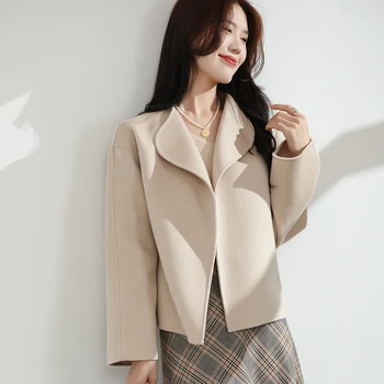 Двустранно палто ръчно изработени от 100% вълна, дамски дрехи, костюм, яката, жилетка, яке, без багаж, всекидневни съкратен топ, мода Корея