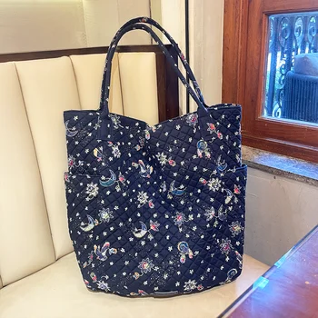 Дамска чанта за през рамото от чист памук, с щадящи околната среда принтом, пътна плажна чанта, лека сгъваема преносима чанта