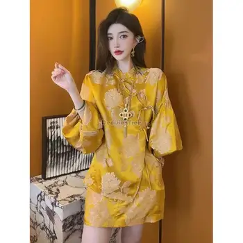 2023 дамски лятна нова китайска мода в стил ретро, сатен блуза с шал яка подпора, риза, къса пола, комплект чонсам от две части, s537