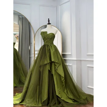 Лили Зелена Рокля за бала трапецовидна форма, рокли на знаменитости в сгъвката, дамски официални рокли без ръкави, вечерна рокля с петна 프롬 드레스