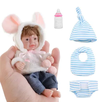 6-инчов силиконова кукла Mini Baby Reborn Момче, реалистична, с корени на тялото от силиций (къдрава коса на момчето + лигавник)