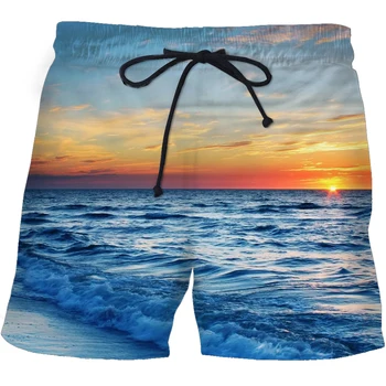 Мъжки плажни шорти Hawaii, ежедневни къси панталони с 3D принтом море и изгрева на слънцето, летни бански, мъжки бански