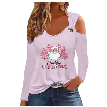 Ежедневни розова Коледна Коледна тениска С принтом За Жени, в началото на 2023, Есенна Риза С дълъг ръкав И V-образно деколте, Дамски Тениски