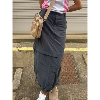 Популярни Сиви ежедневни Широки поли-карго в стил Техно, дамски градинска дрехи с големи джобове, хем на съвсем малък, с Ниска талия, Дълга пола в стил хипи Y2K