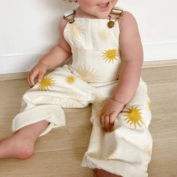 Модни летни бебешки гащеризони за момичета от 1 до 5 години с флорални принтом без ръкави, джоб с копчета, Панталони с подтяжках, дрехи