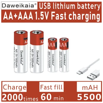 AA + AAA 2023 нова литиево-йонна батерия с голям капацитет 5500 mah AA от 1,5 литиево-йонна батерия с бързо зареждане от USB
