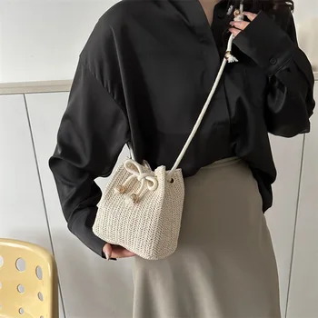 Дамска сламена чанта през рамо, чанта ръчна изработка, лятна плажна чанта, универсална чанта-месинджър на съвсем малък, модерна чанта-кофа