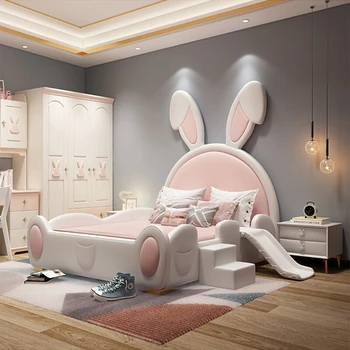 Индивидуална бебешко легло rabbit принцеса за момичета с пързалка от картун проста кожена легло