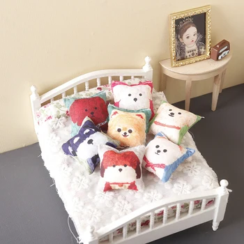 Миниатюрна възглавница за куклена къща 1: 12, мека мебел възглавница с кучешка глава, мини-възглавница, мебели за дома, детски играчки, аксесоари за куклена къща