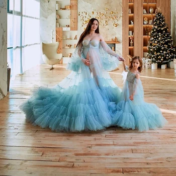 Красиви сини Ефирни Дълги рокли за майка и дъщеря от тюл, Дълъг Женски Халат за бременни, Тюлевые рокли-опаковки за бременни с ръкави