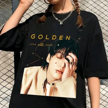 Ежедневни дамски тениска KPOP JUNG KOOK от златисто-памук с къс ръкав, лятна тениска Harajuku Fashion Couple Kawaii с анимационни принтом