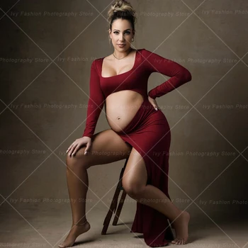 Подпори за фотография на бременни Рокля със секси цепка отстрани, който отваря корема, рокля за фотосесия за жени