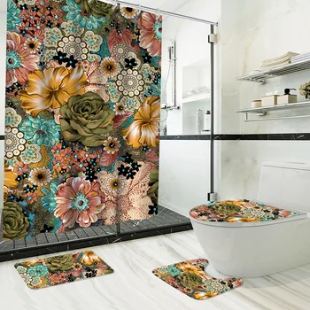 Цветна декорация завеса за душа в стил Бохо с подови изтривалки на разположение, тъканно завеса за душа в стила на Мандала с ретро-принтом, водоустойчив, килим за тоалетна