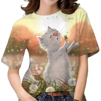 Летни Дамски Тениски С 3D Изображение на Котка, Блузи С къс Ръкав, Кавайная Модна Тениска С Животни, Ежедневни Дизайнерски Дрехи Големи Размери