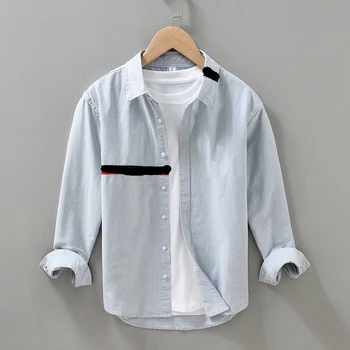 2023 нова мъжки памучен риза с бродерия и дълъг ръкав, японската ежедневната тенденция бяла риза