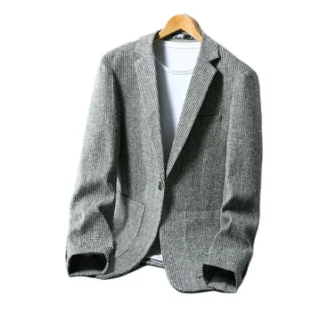 Висококачествена мъжка мода, бизнес тънък Британската ленена обикновен всекидневен костюм на джентълмен, младежки тънко яке на една пуговице.