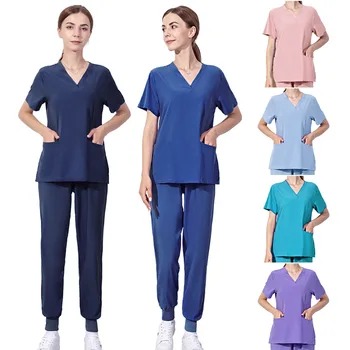 Дамски медицински екип, комплекти за еластични ексфолианти, болнични, хирургически дрехи, блузи с къс ръкав, Панталони, аксесоари за медицински сестри, облекло за лекари
