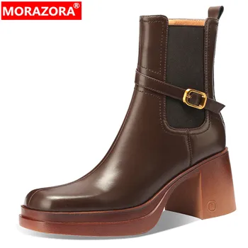MORAZORA / 2023/ Нови Дамски Пролетни обувки от естествена кожа, Реколта Ботильоны с цип и платформа, Обувки на дебел висок ток с катарама