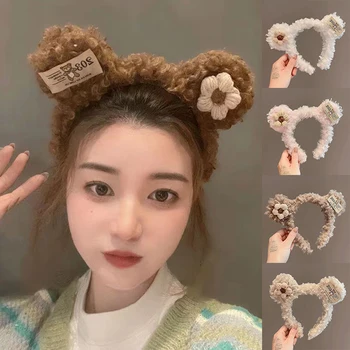 Обръч за главата с ушите мультяшного Мечка, 3D вязаная цвете превръзка на главата, Корейски модни лента за коса, панделка за коса от мека изкуствена кожа, Красиви Аксесоари за коса