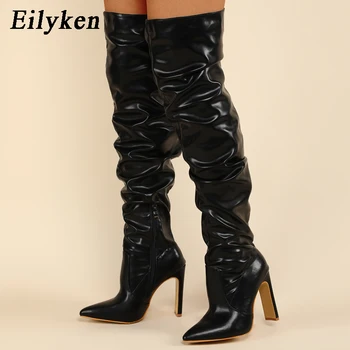 Eilyken, размери 35-42, дамски обувки джоб с гънки и остри пръсти, ботуши над коляното, модни дамски обувки в стил зима-есен в стил пънк