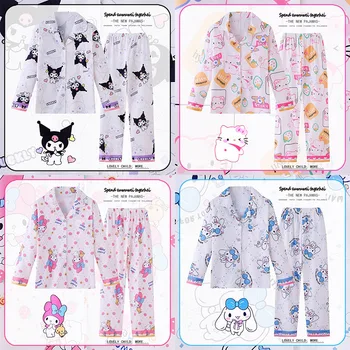 Kawaii Sanrio Hello Kitty, детски пижами, костюм с дълги ръкави в стил аниме Куроми, жилетка, Тънка есенна удобни домашни дрехи за момичета