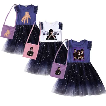 Детска лятна рокля Wednesday Addams за малки момичета, милото дантелено принцеса рокля за малки момичета, рокли за парти по случай рождения ден с чанта