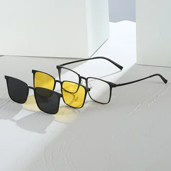 Магнитни Точки В Квадратни Оптични Рамки С Пълна Рамки Със Слънчеви Очила и Клип За Нощно Шофиране Голям Переносица Ширина 21 мм Мъжки слънчеви Очила С моста на носа