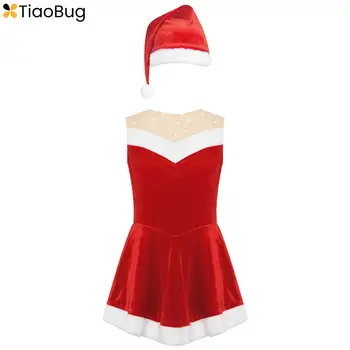 # 4-16 За момичета, Мек фланелевый Коледен костюм на Дядо Коледа, Балетное без ръкави рокля с пайети, боди за каране на кънки на лед