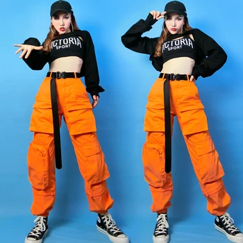 Женски танцов костюм в стил хип-хоп, джаз, черни съкратен върхове, Оранжеви панталони-карго за улични танци, дрехи за шоуто Dj Ds Гого Танцьорка за нощен клуб DNV15048